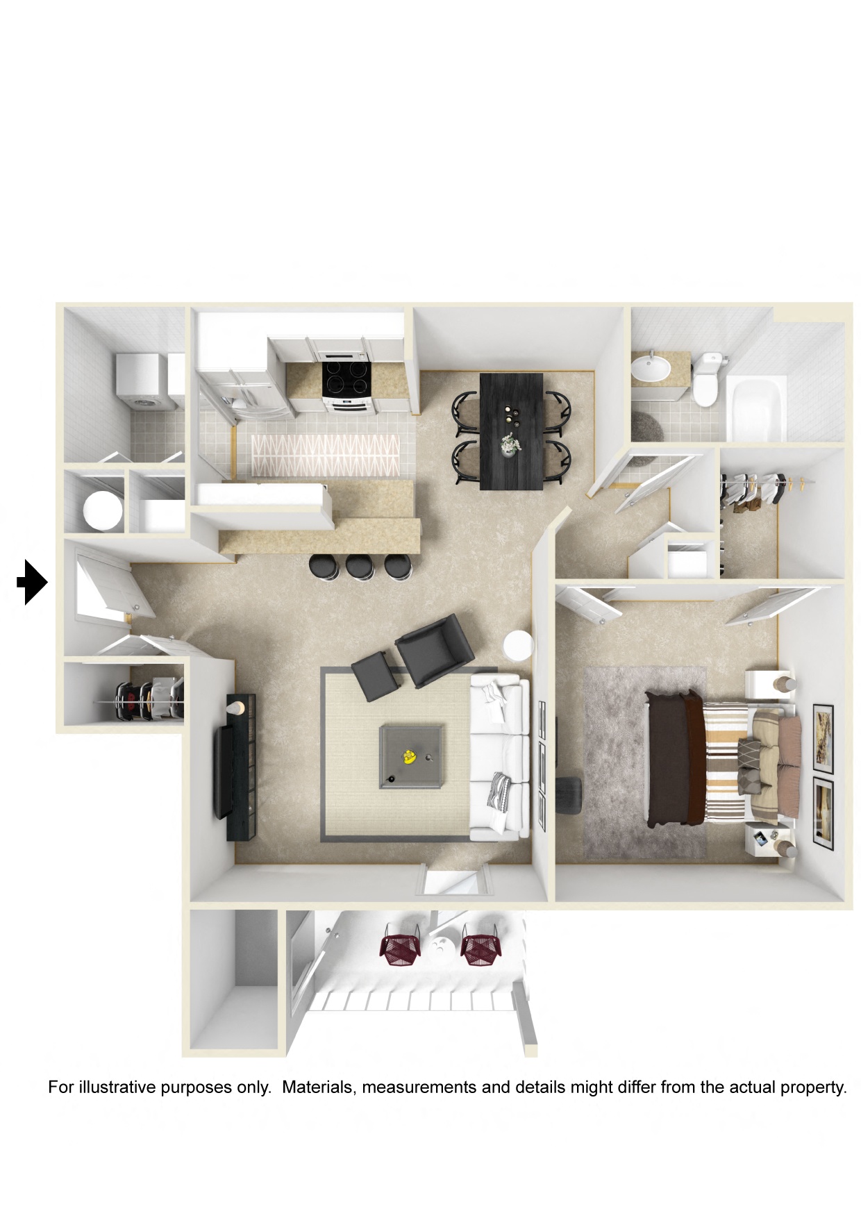 Floor plan for 1 bed, 1 bath, 800 sqft